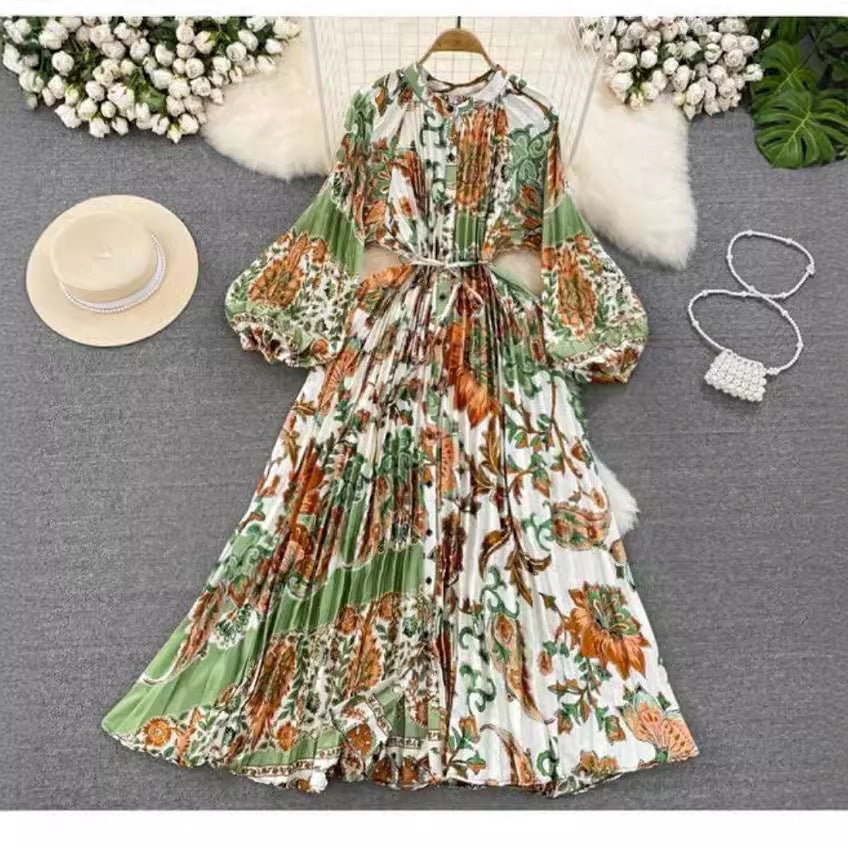 Robe longue imprimée à simple boutonnage, légère et luxueuse, style lanterne