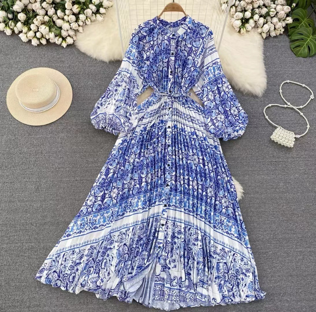 Robe longue imprimée à simple boutonnage, légère et luxueuse, style lanterne
