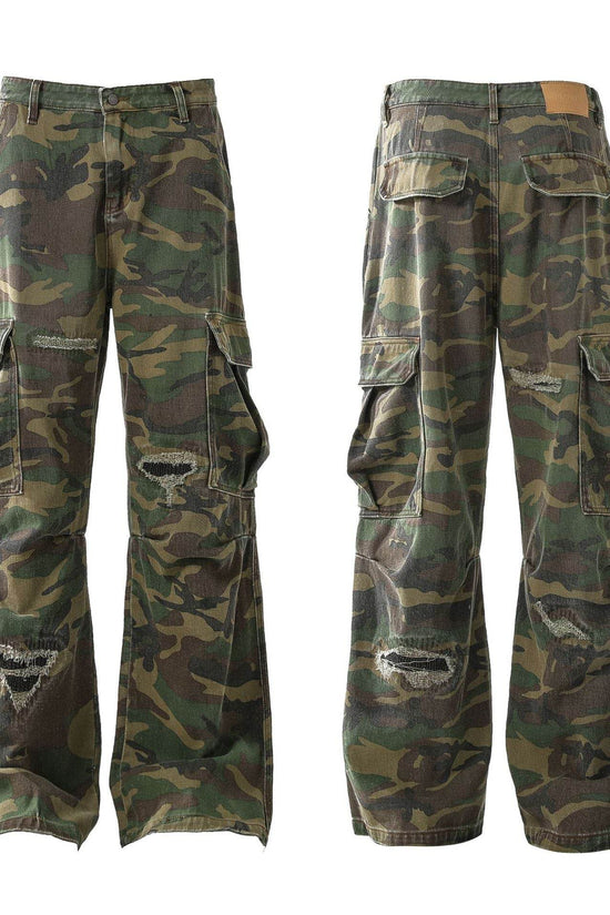 Jeans rétro en lambeaux, pantalons de travail décontractés camouflage personnalisés - Droxev
