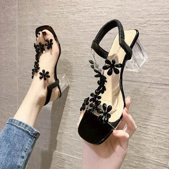 Sandales Élégantes à Talons Cristal et Fleurs Délicates - Droxev
