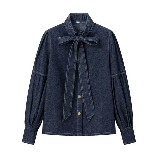 Chemise en jean décontractée à lacets et nœud bleu foncé - Droxev