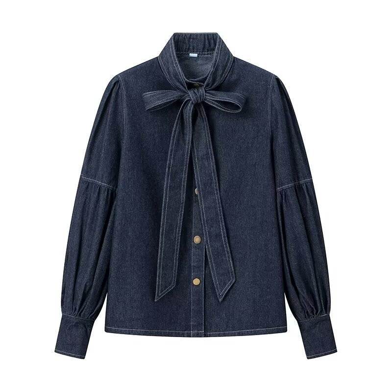 Chemise en jean décontractée à lacets et nœud bleu foncé - Droxev