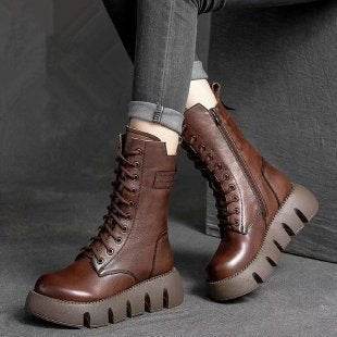 Bottes rétro pour femmes, chaussures à lacets, bottes britanniques polyvalentes à boucle montante pour l'automne et l'hiver - Droxev