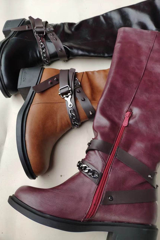 Bottes à boucle de ceinture Bottes pour femmes Talon épais Talon moyen Grand - Droxev