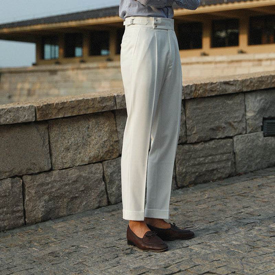 Pantalon blanc décontracté droit taille haute style rétro italien boutonné Paris - Droxev