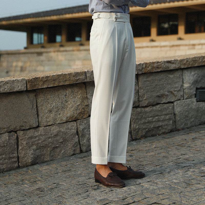 Pantalon blanc décontracté droit taille haute style rétro italien boutonné Paris - Droxev