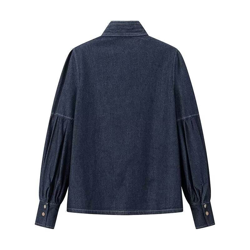 Chemise en jean décontractée à lacets et nœud bleu foncé - Droxev