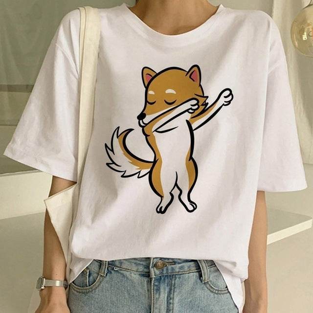 T-shirt col rond femme motif chien Shiba Inu - Droxev