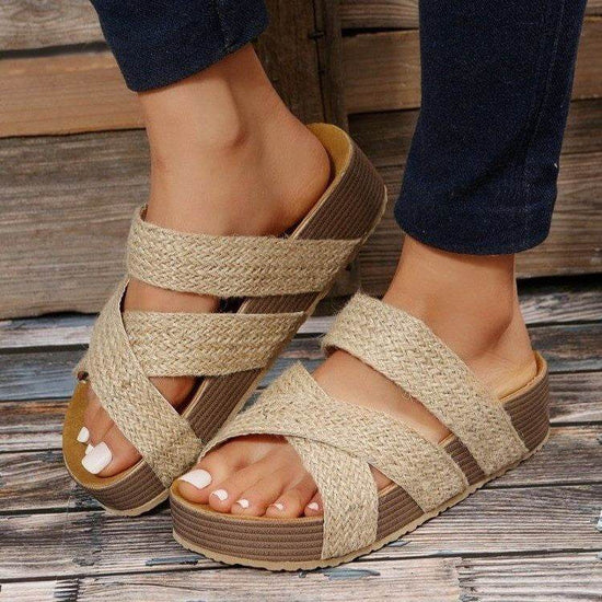 Sandales d'été à plateforme pour femmes, chaussures de plage plates, à brides croisées tissées - Droxev