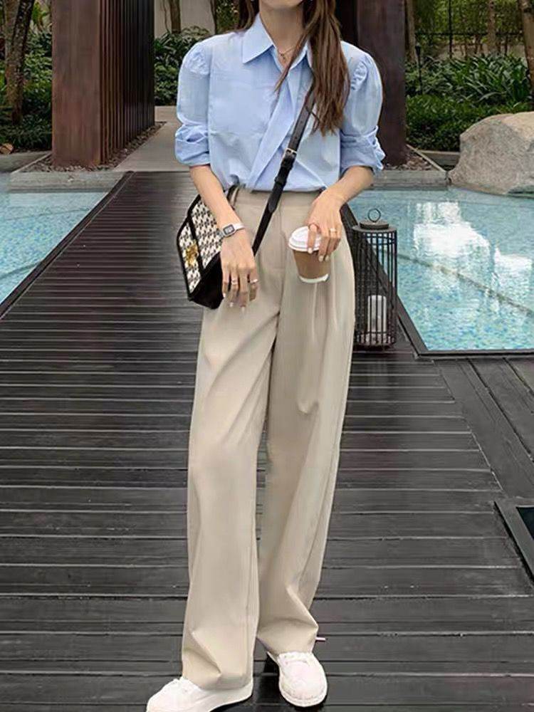 Pantalon de costume décontracté taille haute à jambe droite - Droxev