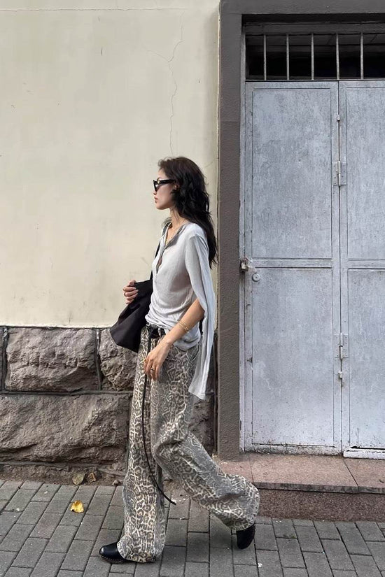 Pantalon large en denim imprimé délavé et vieilli pour femme - Droxev