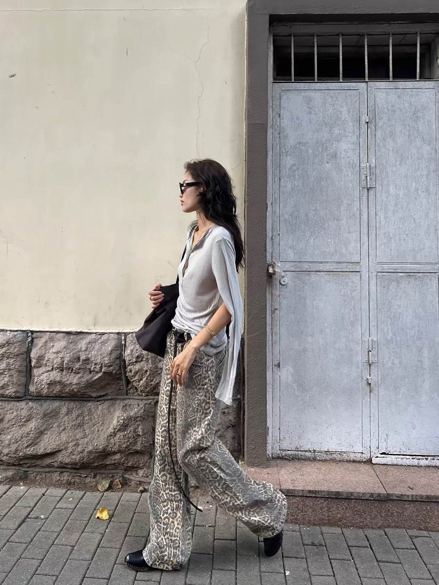 Pantalon large en denim imprimé délavé et vieilli pour femme - Droxev