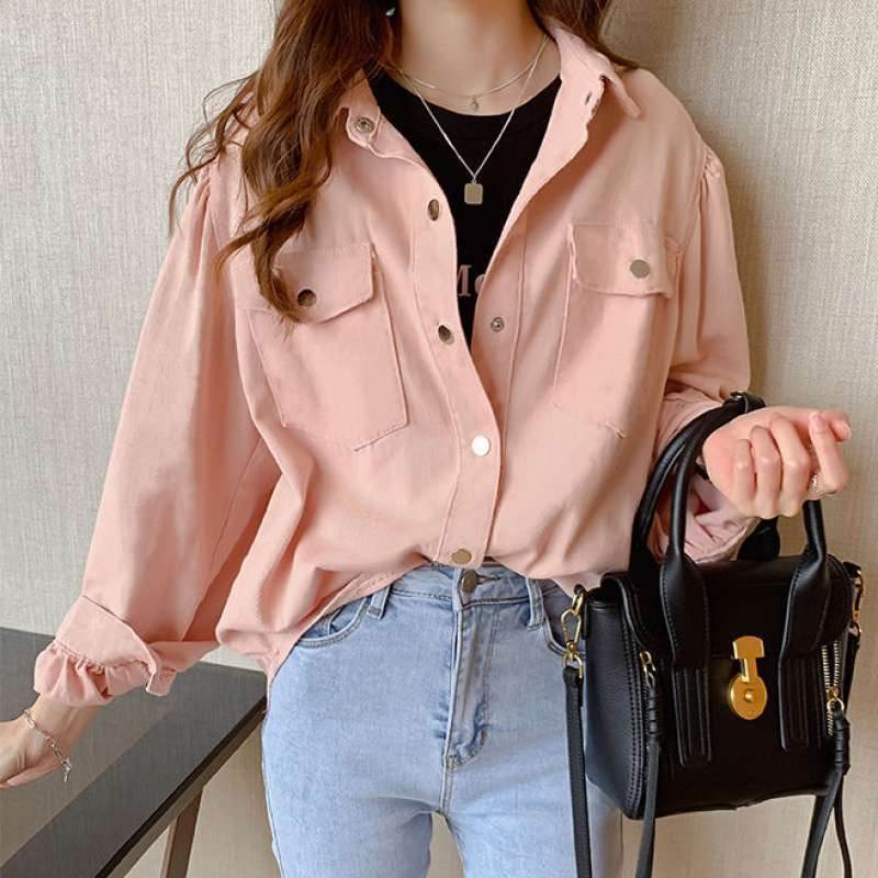Chemisiers et chemises pour femmes, poches, manches longues, mode coréenne unie, printemps - Droxev