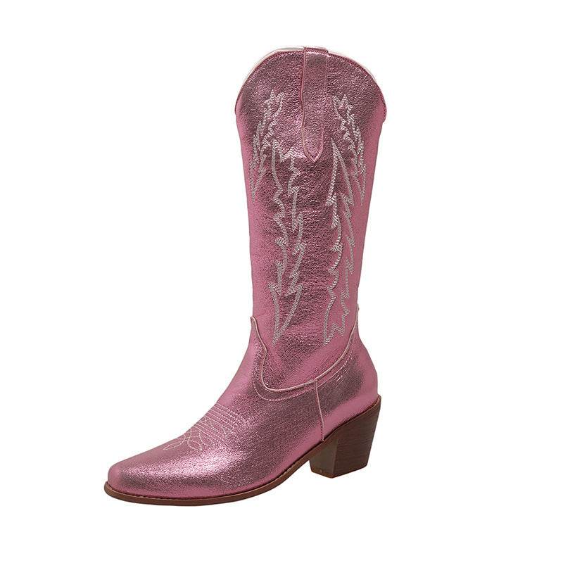 Bottes chevalier pointues fluorescentes mi-mollet pour femmes, chaussures à talons épais - Droxev