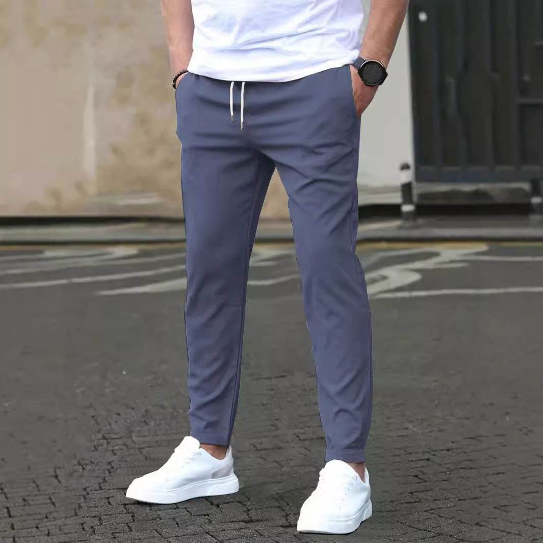 Pantalon court décontracté coupe slim avec étiquette en cuir, couleur unie - Droxev