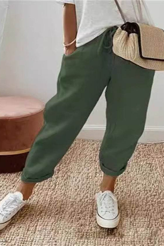 Pantalon court décontracté en coton et lin à taille élastique pour femme - Droxev