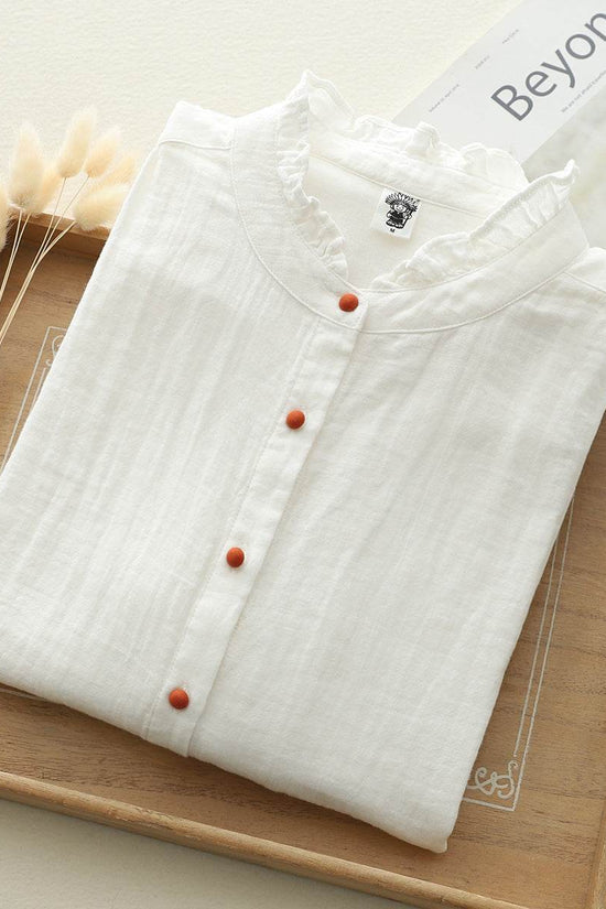 Chemise blanche à manches longues en fil de coton double épaisseur - Droxev