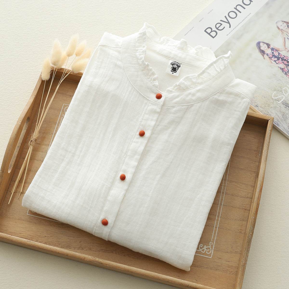 Chemise blanche à manches longues en fil de coton double épaisseur - Droxev