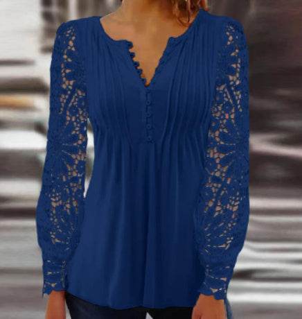 T-shirt court Slim à manches longues et col en V en dentelle de printemps - Droxev