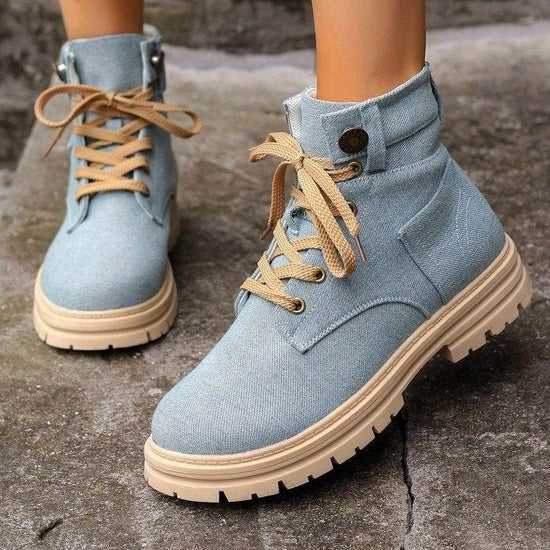 Bottines en jean à lacets pour femmes, bottes de cowboy à plateforme, décontractées, à bout rond, pour l'automne et l'hiver - Droxev