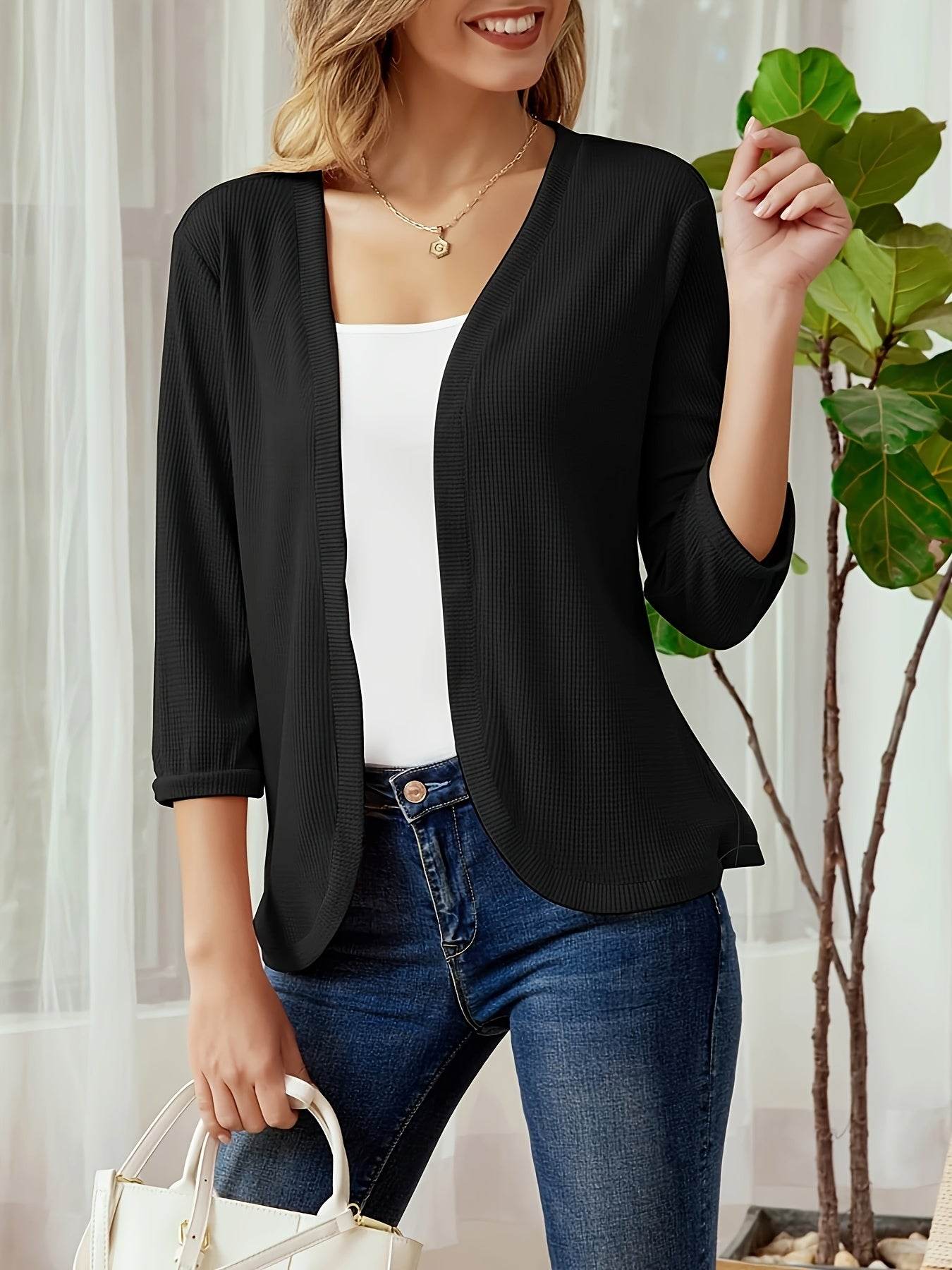 Cardigan en tricot gaufré de couleur unie - Droxev
