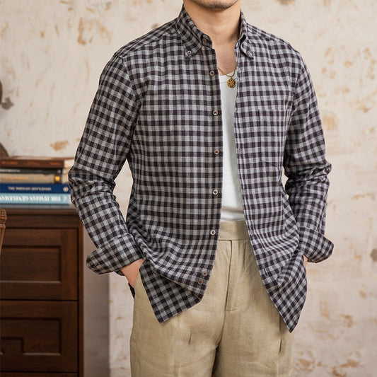 Chemise Vintage à Carreaux en Coton et Lin à Manches Longues pour Homme