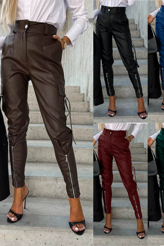 Pantalon slim en cuir PU avec poches, mode automne-hiver - Droxev