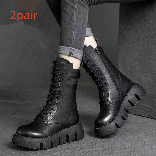 Bottes rétro pour femmes, chaussures à lacets, bottes britanniques polyvalentes à boucle montante pour l'automne et l'hiver - Droxev