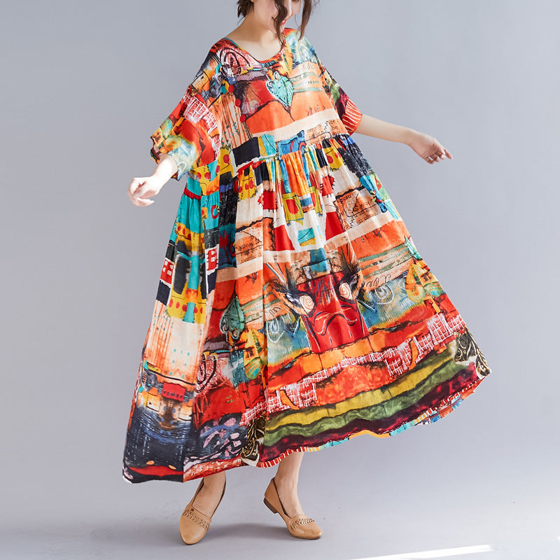 Robe rétro en coton et lin au-dessus du genou, style littéraire printanier