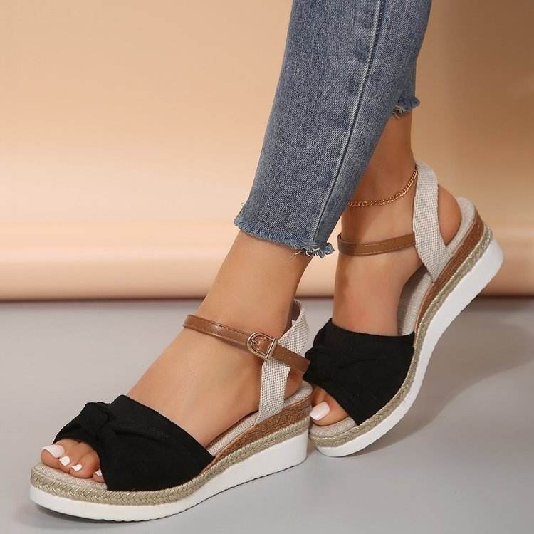 Chaussures compensées décontractées en lin à boucle pour femmes, tendance été - Droxev