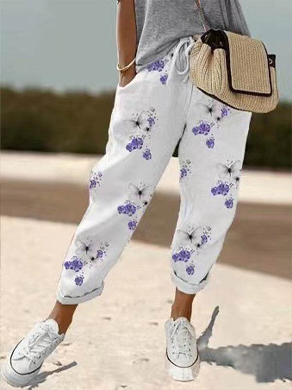 Pantalon court décontracté en coton et lin à taille élastique pour femme - Droxev