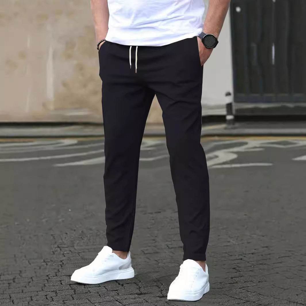 Pantalon court décontracté coupe slim avec étiquette en cuir, couleur unie - Droxev