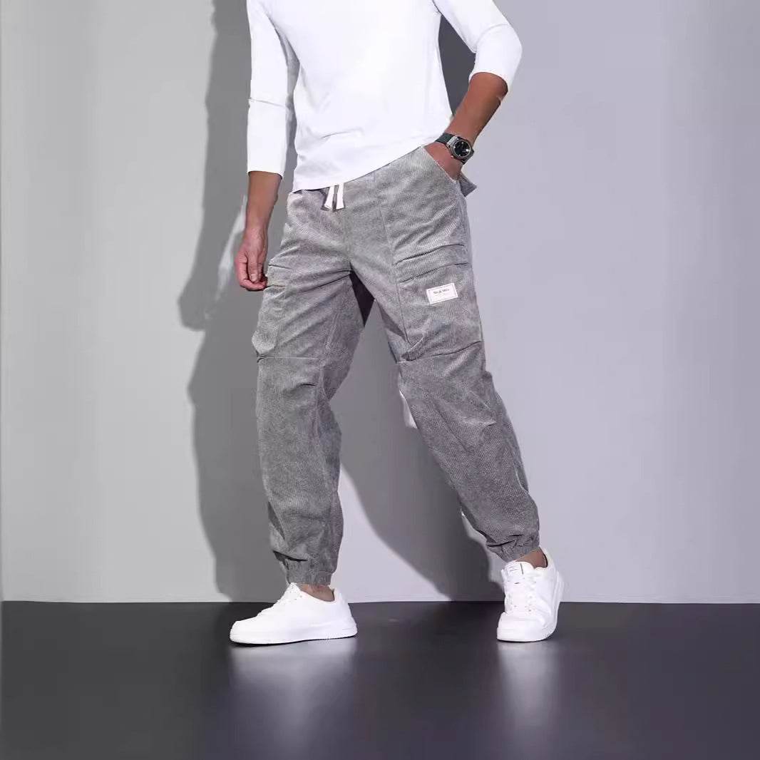 Salopette en velours côtelé pour homme, pantalon ample décontracté à nouer à la cheville, multi-poches - Droxev