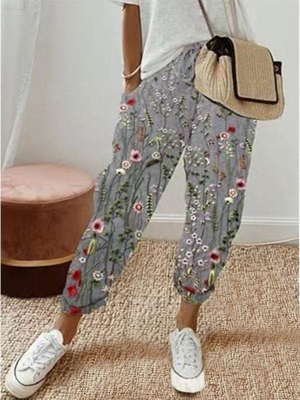 Pantalon court décontracté en coton et lin à taille élastique pour femme - Droxev