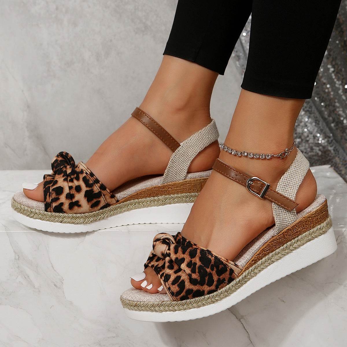Chaussures compensées décontractées en lin à boucle pour femmes, tendance été - Droxev