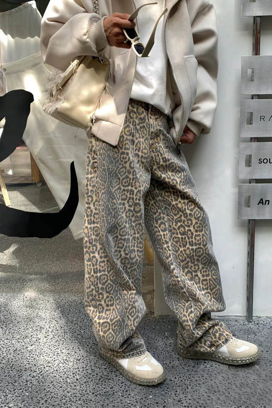 Pantalon large en denim imprimé délavé et vieilli pour femme - Droxev