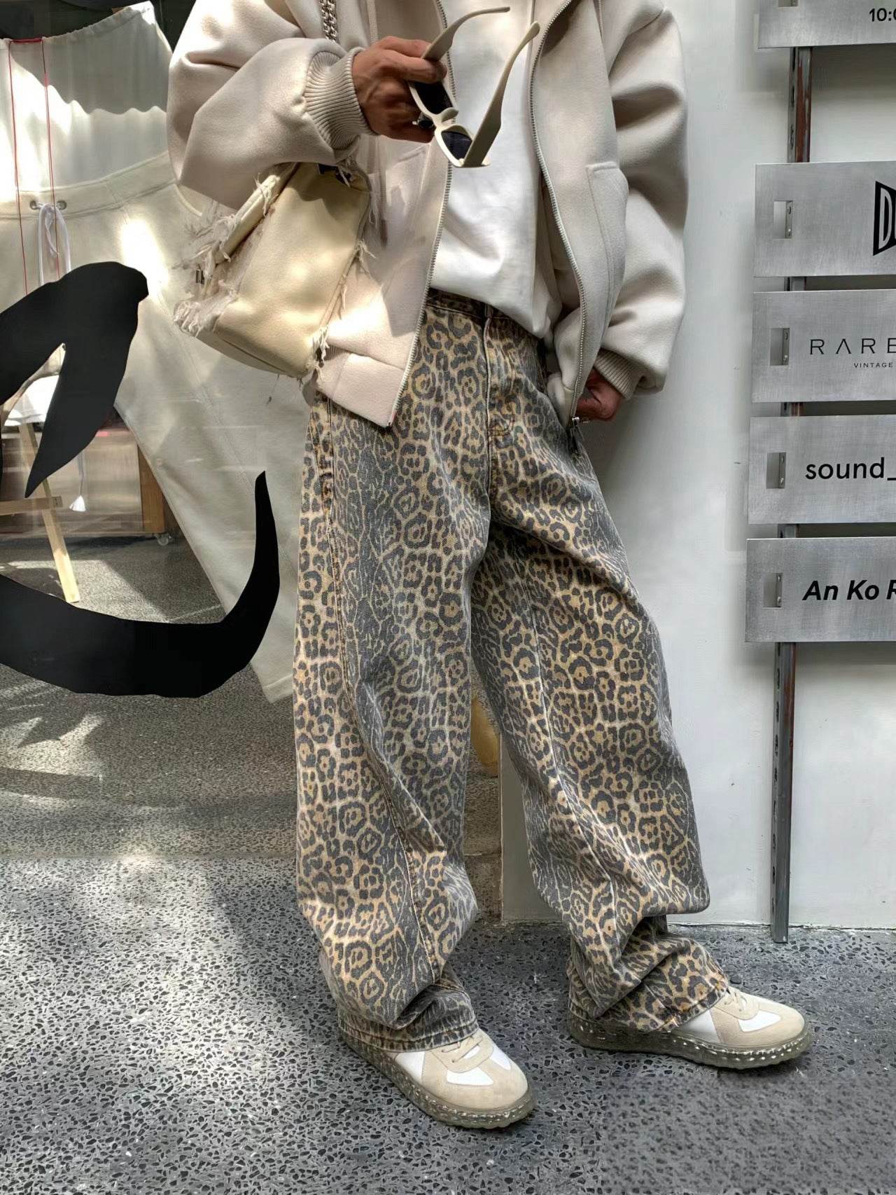 Pantalon large en denim imprimé délavé et vieilli pour femme - Droxev