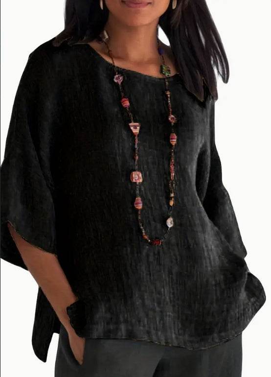 Chemises décontractées à manches 3/4 et col rond pour femmes, couleur unie, hauts amples d'été, streetwear - Droxev