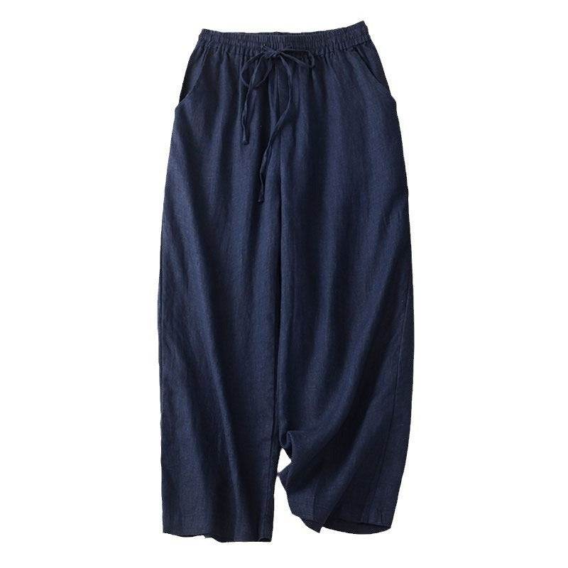 Pantalon large court rétro en coton et lin pour femme - Droxev