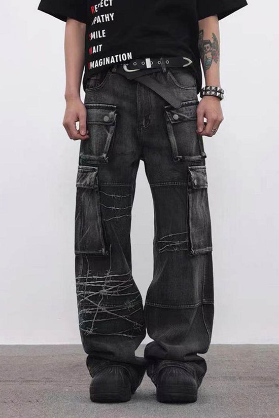 Pantalon ample brodé à jambes larges pour homme - Droxev