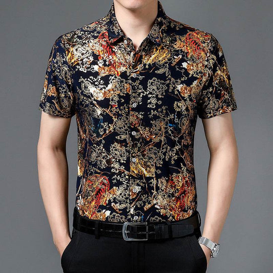 Chemise d'été imprimée à manches courtes pour homme d'âge moyen, en soie glacée extensible, pour loisirs - Droxev