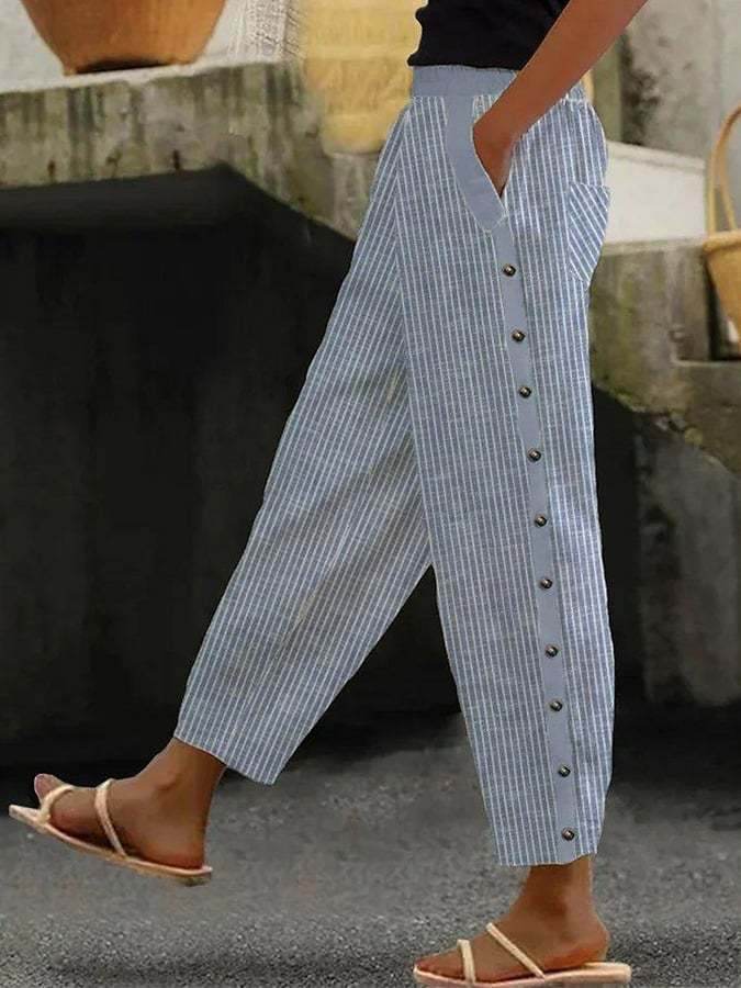 Pantalon décontracté en lin imprimé exquis - Droxev