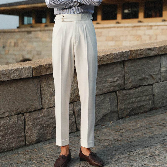 Pantalon blanc décontracté droit taille haute style rétro italien boutonné Paris - Droxev