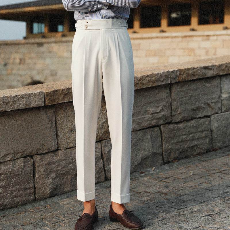Pantalon blanc décontracté droit taille haute style rétro italien boutonné Paris - Droxev