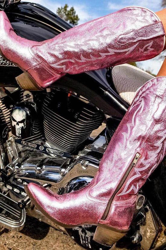Bottes chevalier pointues fluorescentes mi-mollet pour femmes, chaussures à talons épais - Droxev