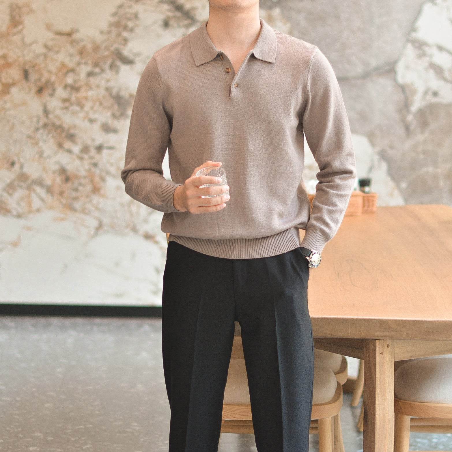 Chemise en tricot à revers vintage vert menthe pour hommes - Droxev