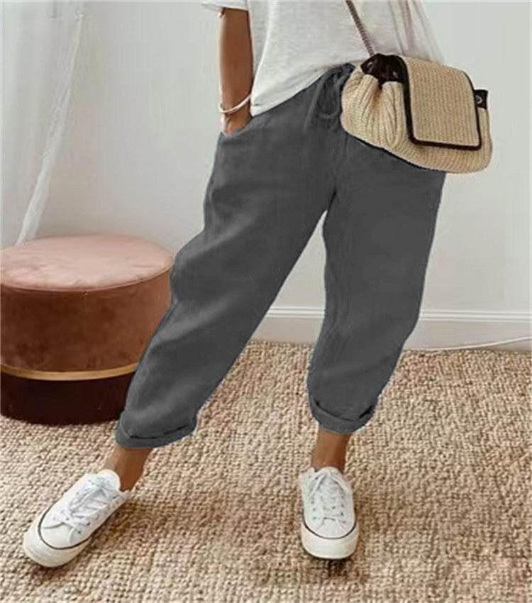 Pantalon court décontracté en coton et lin à taille élastique pour femme - Droxev