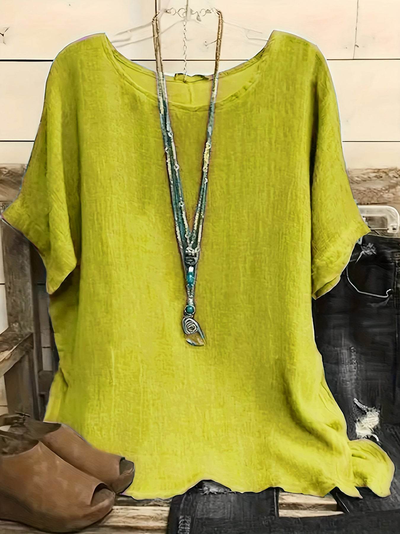 Chemises décontractées à manches 3/4 et col rond pour femmes, couleur unie, hauts amples d'été, streetwear - Droxev