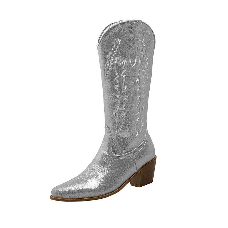 Bottes chevalier pointues fluorescentes mi-mollet pour femmes, chaussures à talons épais - Droxev