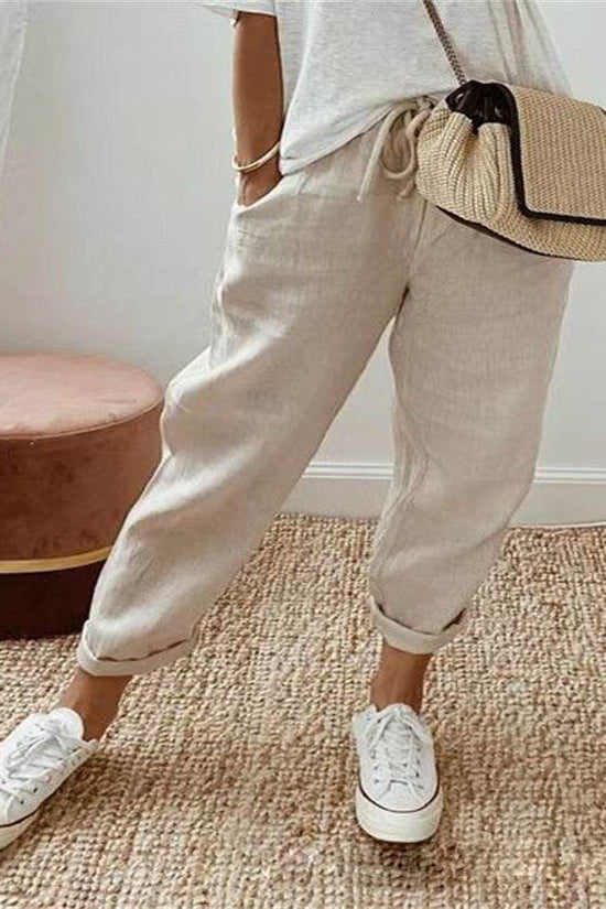 Pantalon court décontracté en coton et lin à taille élastique pour femme - Droxev